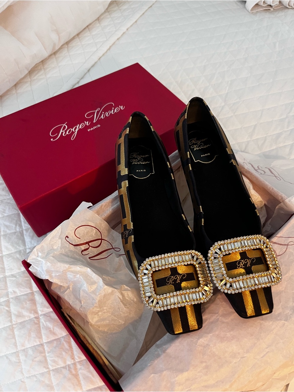 Roger Vivier Black and Gold Satin Buckle Flats with Crystal/Rhinestone Buckle 37